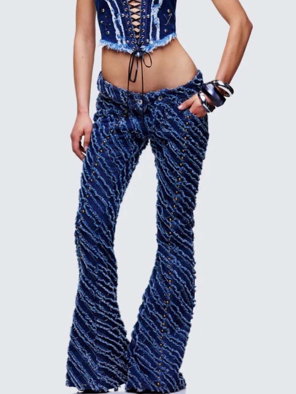 Finesse Aviv Blue Denim Studded Flared Jeans/Size S/Blue/new with Bag/MSRP$74